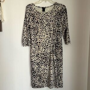 Ann Taylor Women 3/4 sleeve rouged abstract crew neck black cream nude dress Sm!